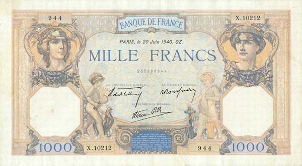 法国 Pick 090c 1940.6.20年版1000 Francs 纸钞 