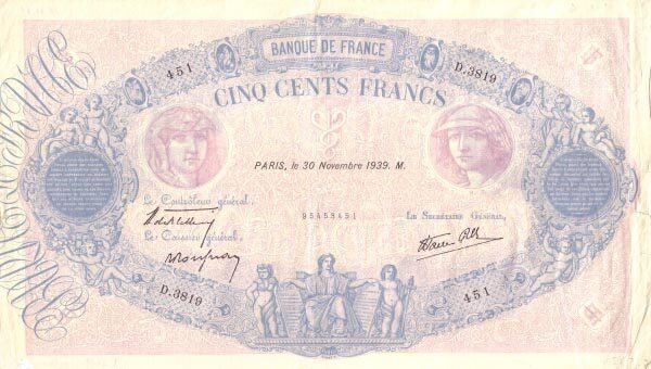 法国 Pick 088c 1939.11.30年版500 Francs 纸钞 