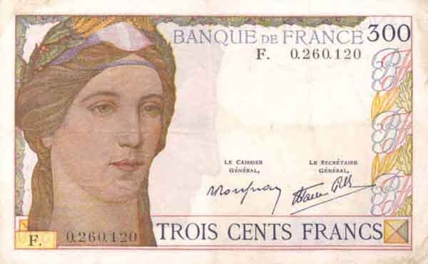 法国 Pick 087 ND1938年版300 Francs 纸钞 