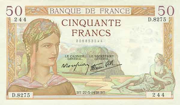 法国 Pick 085b 1938.5.27年版50 Francs 纸钞 