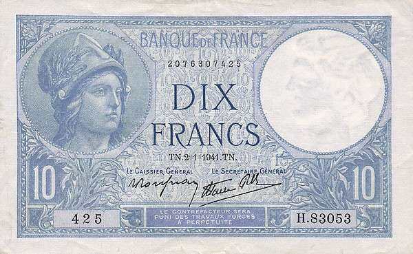 法国 Pick 084 1941.1.2年版10 Francs 纸钞 137x87