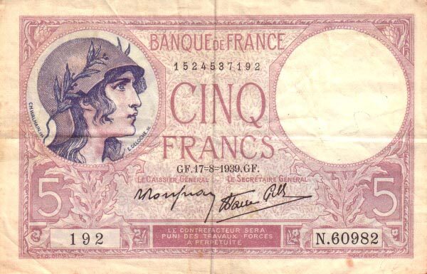 法国 Pick 083 1939.8.17年版5 Francs 纸钞 123x80