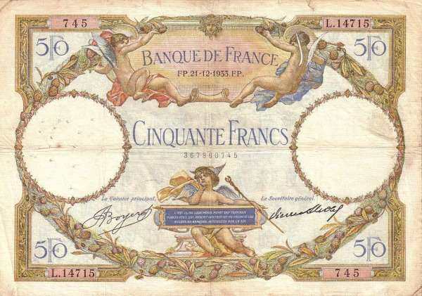 法国 Pick 080b 1933.12.21年版50 Francs 纸钞 