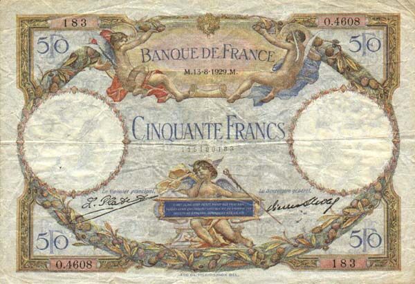 法国 Pick 077a 1929.8.13年版50 Francs 纸钞 