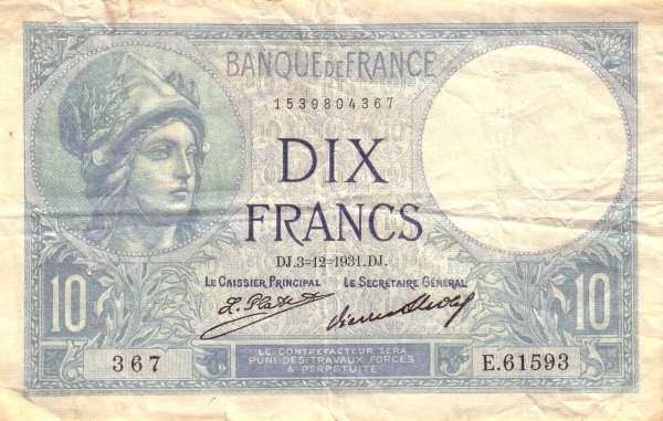 法国 Pick 073d 1931.12.3年版10 Francs 纸钞 