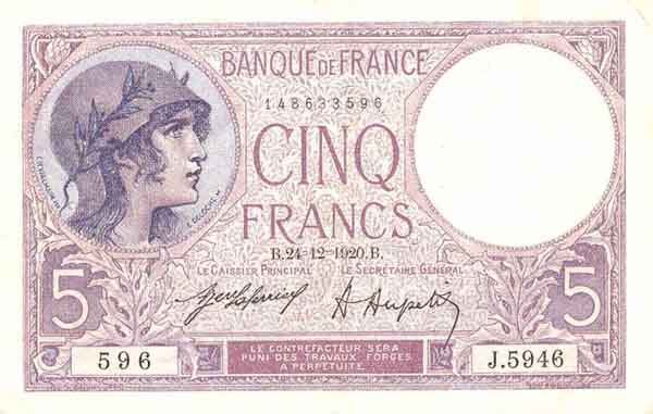 法国 Pick 072b 1920.12.24年版5 Francs 纸钞 