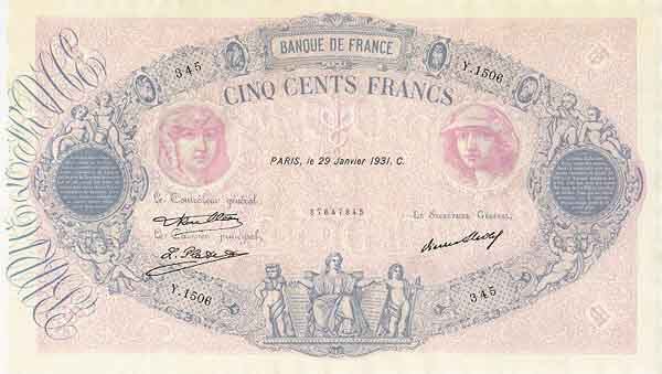 法国 Pick 066l 1931.1.29年版500 Francs 纸钞 