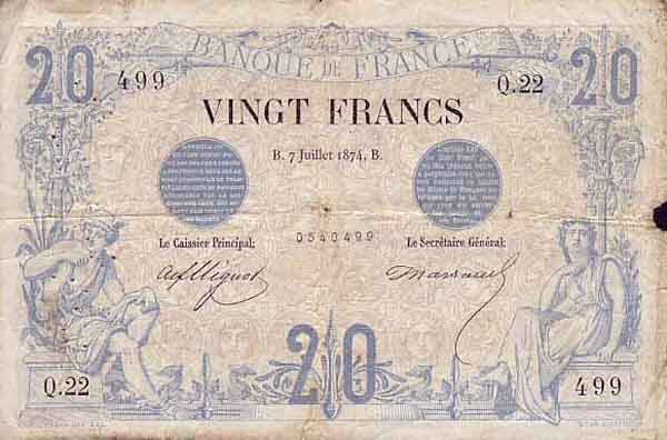 法国 Pick 061a 1874年版20 Francs 纸钞 