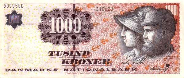 丹麦 Pick 64a 2004年版1000 Kroner 纸钞 165x72