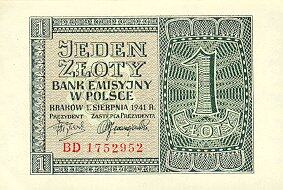 波兰 Pick 099 1941.8.1年版1 Zloty 纸钞 