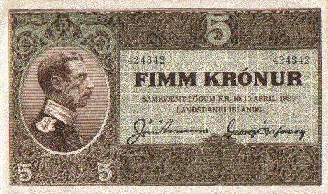 冰岛 Pick 23 L.1928年版5 Kronur 纸钞 