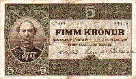 冰岛 Pick 04 L.1885&1906年版5 Kronur 纸钞 