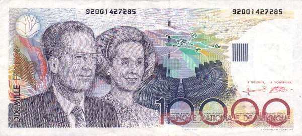 比利时 Pick 146 ND1992-97年版10000 Francs 纸钞 