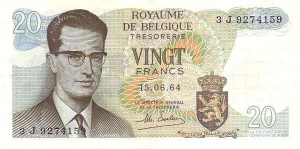 比利时 Pick 138 1964.6.15年版20 Francs 纸钞 117x57