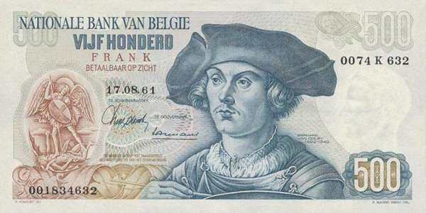 比利时 Pick 135 1961.5.2年版500 Francs 纸钞 