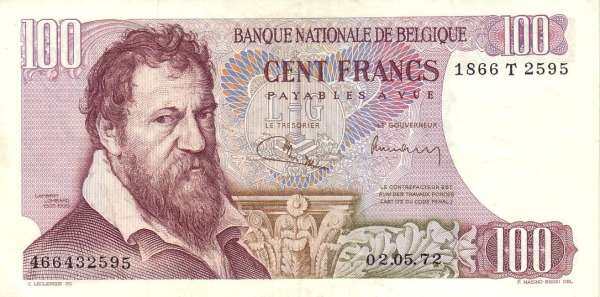 比利时 Pick 134b 1975年版100 Francs 纸钞 137x68