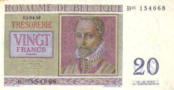 比利时 Pick 132b 1956.4.3年版20 Francs 纸钞 