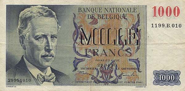 比利时 Pick 131 1950.1.2年版1000 Francs 纸钞 170x85