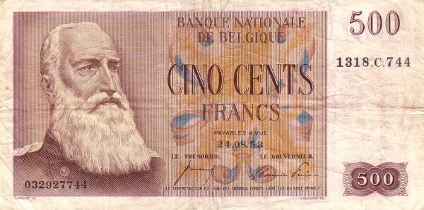 比利时 Pick 130 1953.8.24年版500 Francs 纸钞 