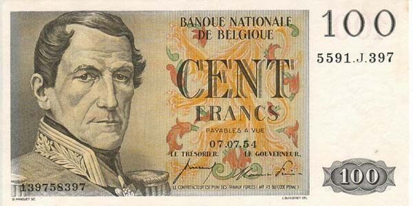 比利时 Pick 129 1954年版1000 Francs 纸钞 