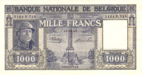 比利时 Pick 128b 1945.1.16年版1000 Francs 纸钞 