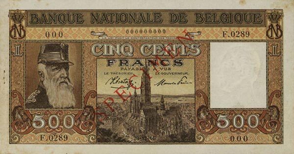 比利时 Pick 127s 1944.12.20年版500 Francs 纸钞 