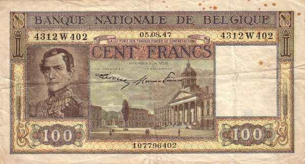 比利时 Pick 126 1947.8.5年版500 Francs 纸钞 