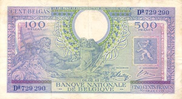 比利时 Pick 124 1943.2.1年版500 Francs 纸钞 