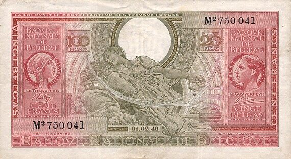 比利时 Pick 123 1943.2.1年版100 Francs 纸钞 