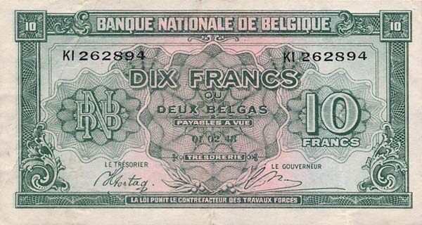 比利时 Pick 122 1943.2.1年版10 Francs 纸钞 