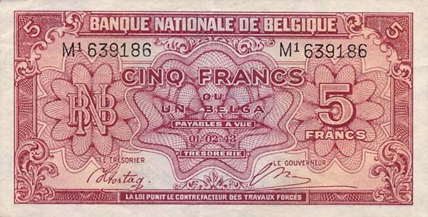 比利时 Pick 121 1943.2.1年版5 Francs 纸钞 
