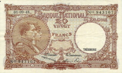 比利时 Pick 116 1948.9.1年版20 Francs 纸钞 