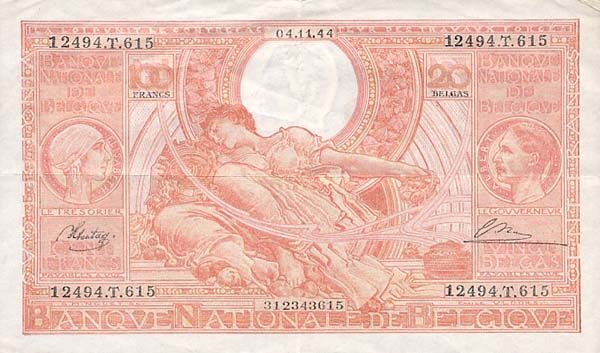 比利时 Pick 113 1944年版100 Francs 纸钞 