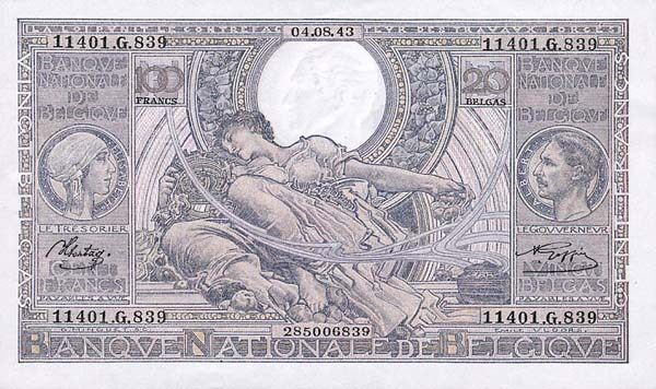 比利时 Pick 112 1943.8.4年版100 Francs 纸钞 
