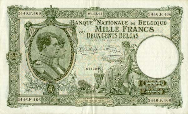 比利时 Pick 110 1943年版1000 Francs 纸钞 