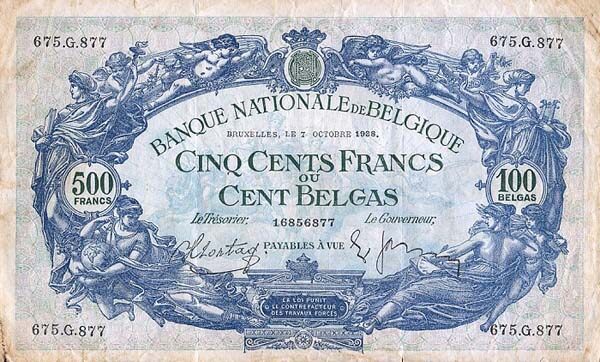 比利时 Pick 109 1938.2.3年版500 Francs 纸钞 