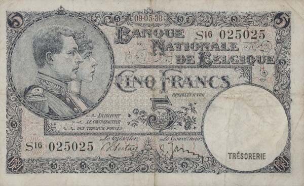 比利时 Pick 108 1938.5.9年版5 Francs 纸钞 