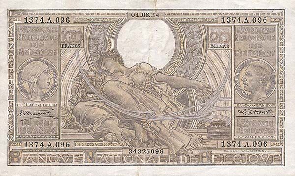 比利时 Pick 107 1934年版100 Francs 纸钞 