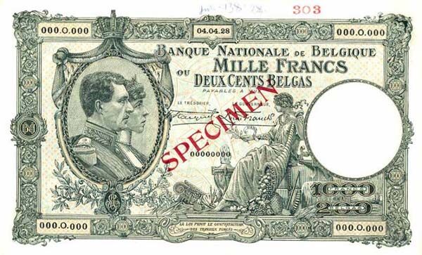 比利时 Pick 104s 1928.4.2年版1000 Francs 纸钞 