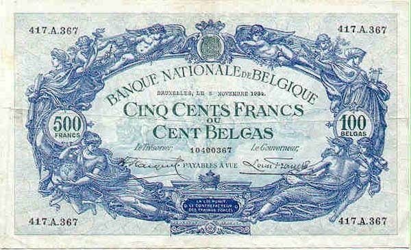 比利时 Pick 103 1934年版500 Francs 纸钞 