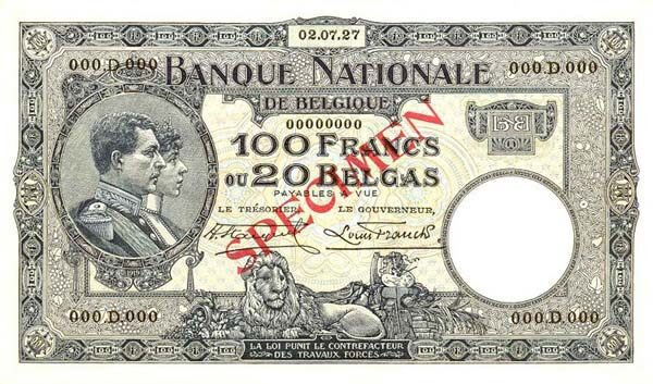 比利时 Pick 102s 1927.7.1年版100 Francs 纸钞 