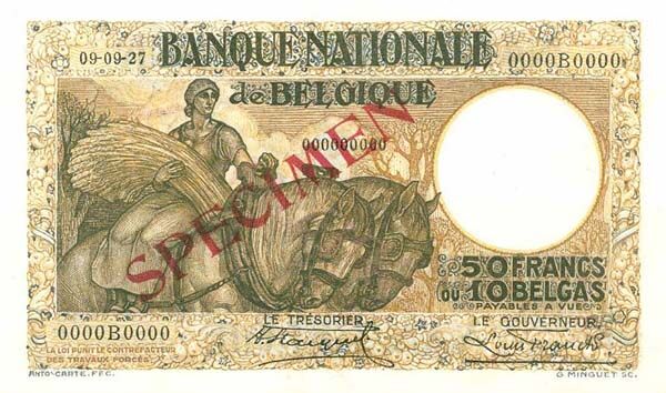 比利时 Pick 100s 1927.9.1年版50 Francs 纸钞 