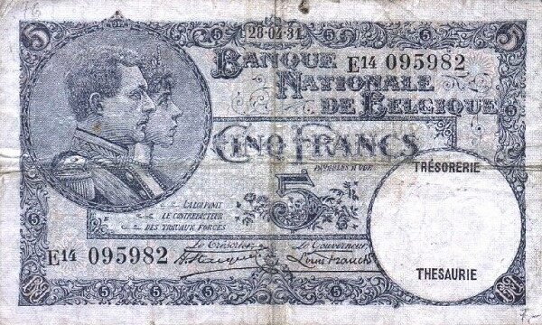 比利时 Pick 097 1931.5.10年版5 Francs 纸钞 