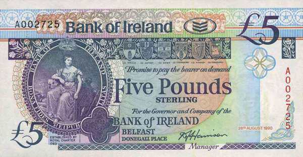 北爱尔兰 Pick 070a 1990.8.28年版5 Pounds 纸钞 
