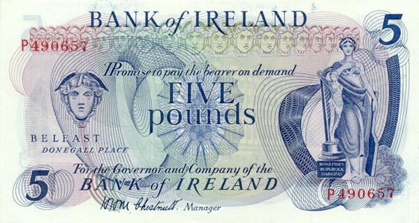 北爱尔兰 Pick 062a ND1971年版5 Pounds 纸钞 