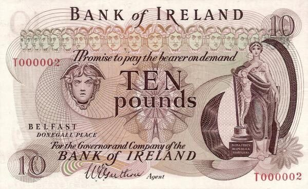 北爱尔兰 Pick 058 ND1967年版10 Pounds 纸钞 