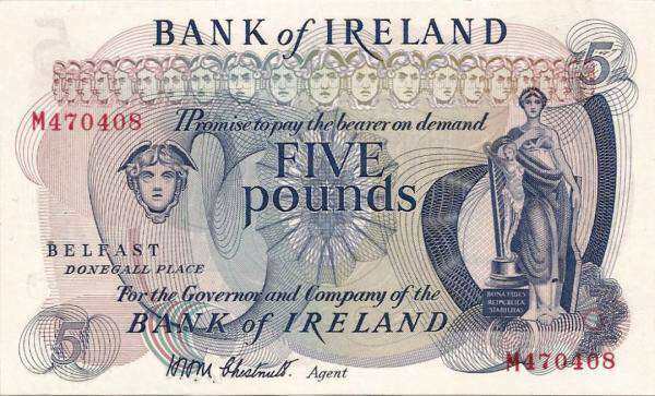 北爱尔兰 Pick 057b ND1968年版5 Pounds 纸钞 