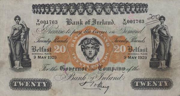 北爱尔兰 Pick 054 1929.5.9年版20 Pounds 纸钞 