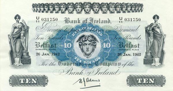 北爱尔兰 Pick 053b 1942.1.26年版10 Pounds 纸钞 