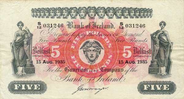北爱尔兰 Pick 052b 1935.8.15年版5 Pounds 纸钞 